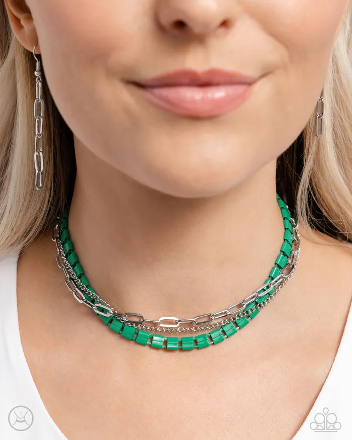 Paparazzi Accessories Necklaces LAYER of the Year Green and Silver Link Layered Choker Necklace Paparazzi