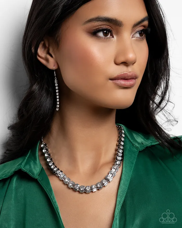 Paparazzi Accessories Necklaces Linked Lady White Rhinestone Silver Short Necklace Paparazzi