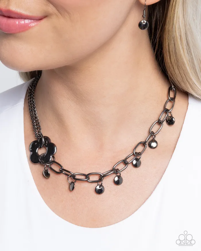 Paparazzi Accessories Necklaces Magic Merger Black Gunmetal Flower Short Necklace Paparazzi