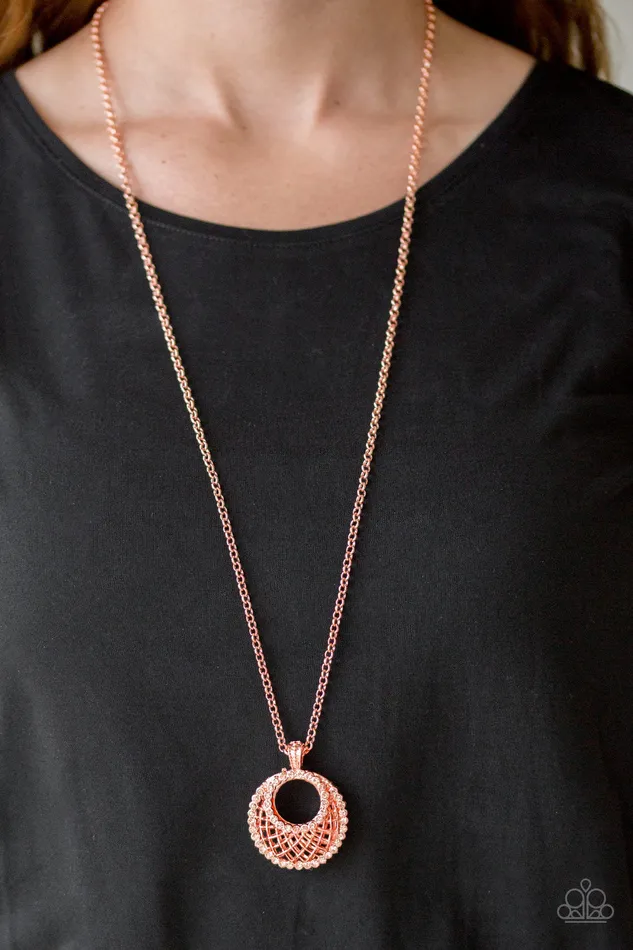Paparazzi Accessories Necklaces Net Worth Copper Frame Peach Rhinestone Pendant Necklace Paparazzi