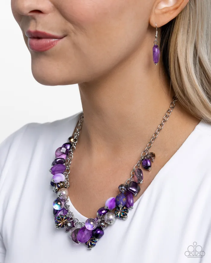 Paparazzi Accessories Necklaces Offbeat Ofrenda Purple Oil Spill Dipped Floral Bead Silver Short Necklace Paparazzi