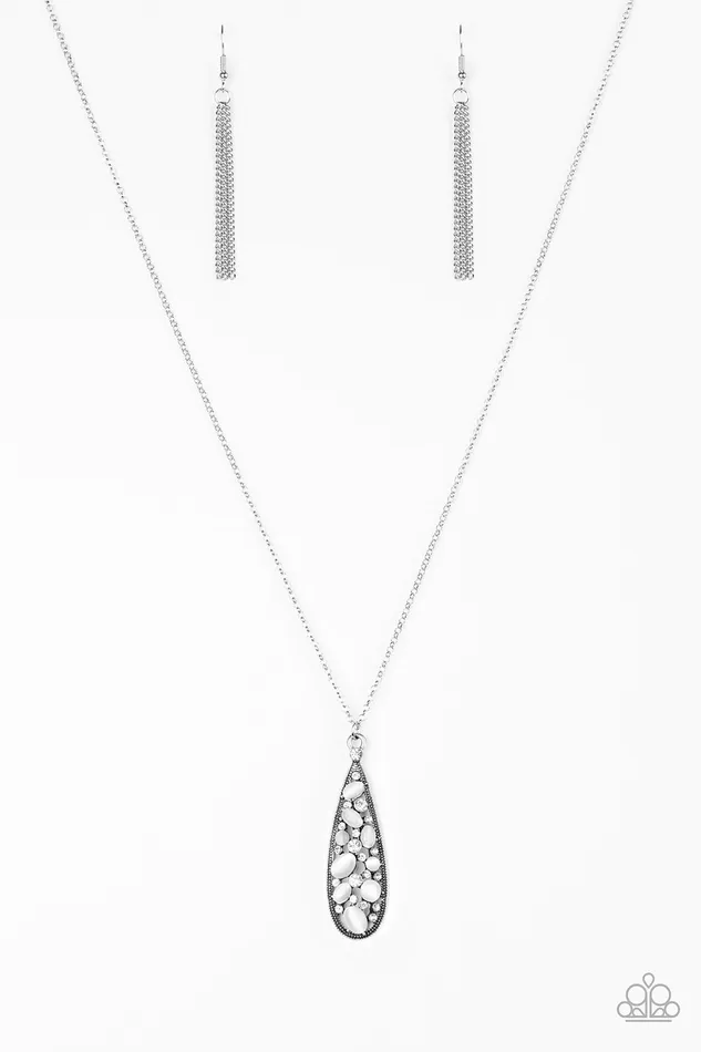 Paparazzi Accessories Necklaces Paparazzi Teardrop Treasure White Stone and Rhinestone Silver Teardrop Pendant Necklace Paparazzi Accessories Necklaces Paparazzi Teardrop Treasure White Stone and Rhinestone Silver Teardrop Pendant Necklace