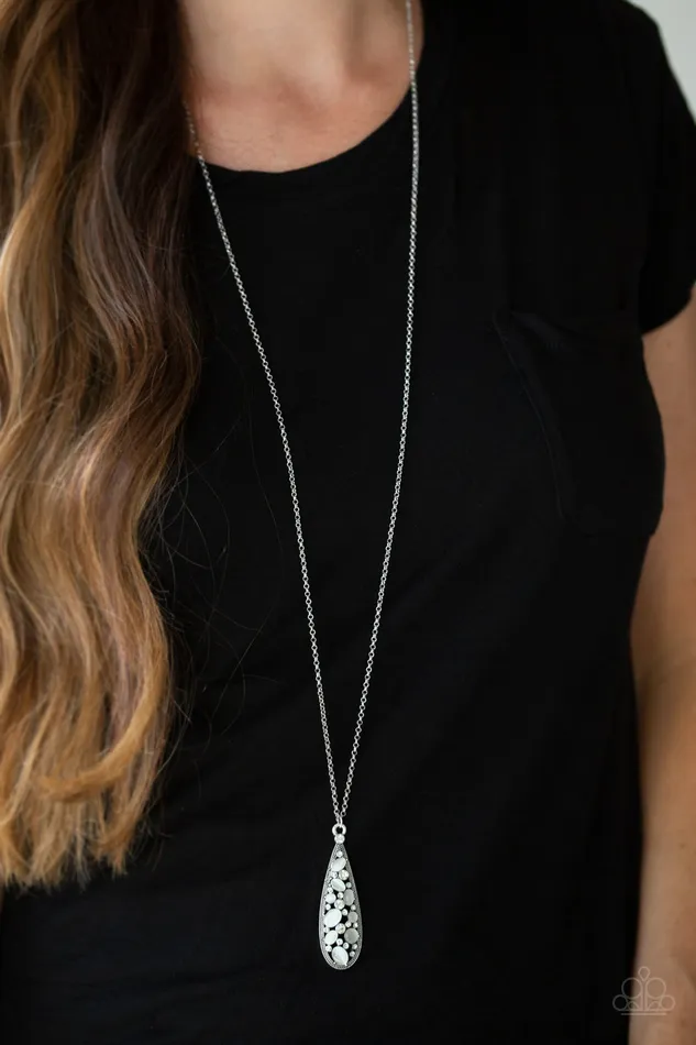 Paparazzi Accessories Necklaces Paparazzi Teardrop Treasure White Stone and Rhinestone Silver Teardrop Pendant Necklace Paparazzi Accessories Necklaces Paparazzi Teardrop Treasure White Stone and Rhinestone Silver Teardrop Pendant Necklace