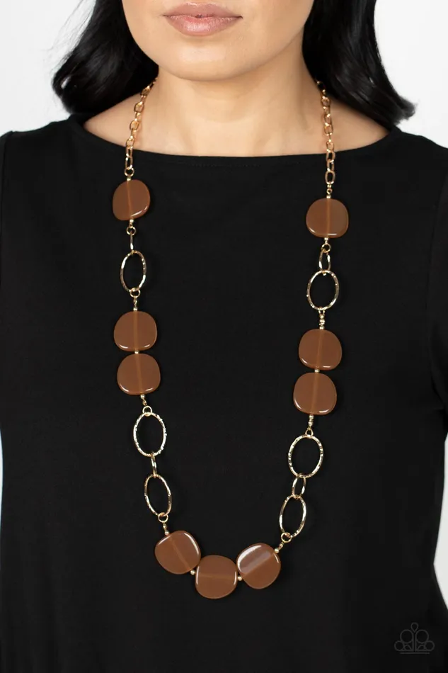 Paparazzi Accessories Necklaces Posh Promenade Brown Acrylic Bead Gold Necklace Paparazzi