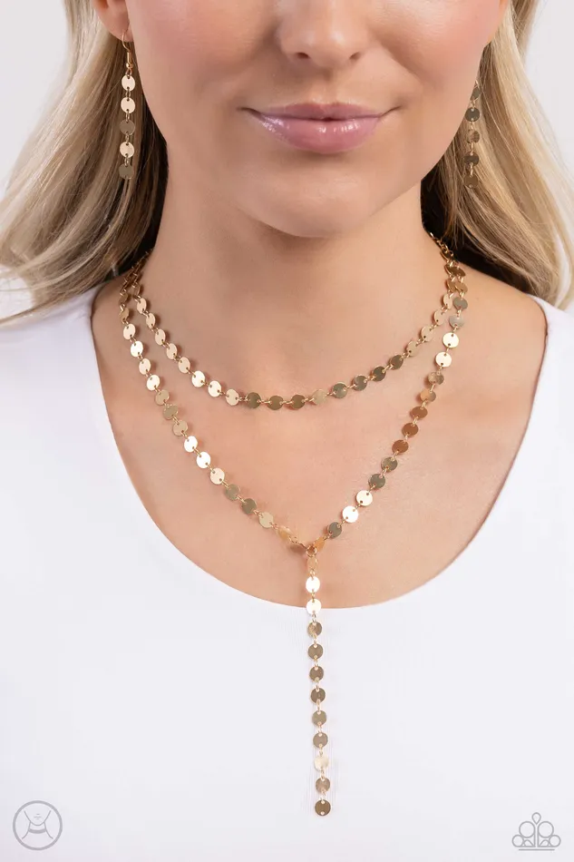 Paparazzi Accessories Necklaces Reeling in Radiance Gold Disc Layered Y Choker Necklace Paparazzi