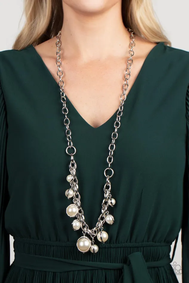 Paparazzi Accessories Necklaces Revolving Refinement White Pearl Silver Necklace Paparazzi