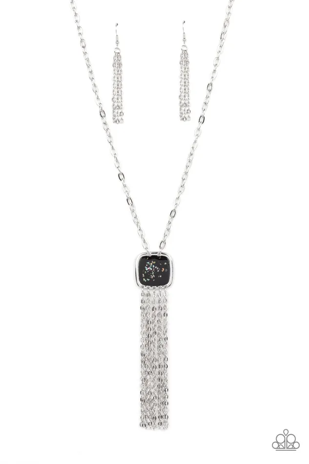 Paparazzi Accessories Necklaces Seaside Season Black Iridescent Fleck Silver Tassel Necklace Paparazzi Paparazzi Accessories Necklaces Seaside Season Black Iridescent Fleck Silver Tassel Necklace Paparazzi