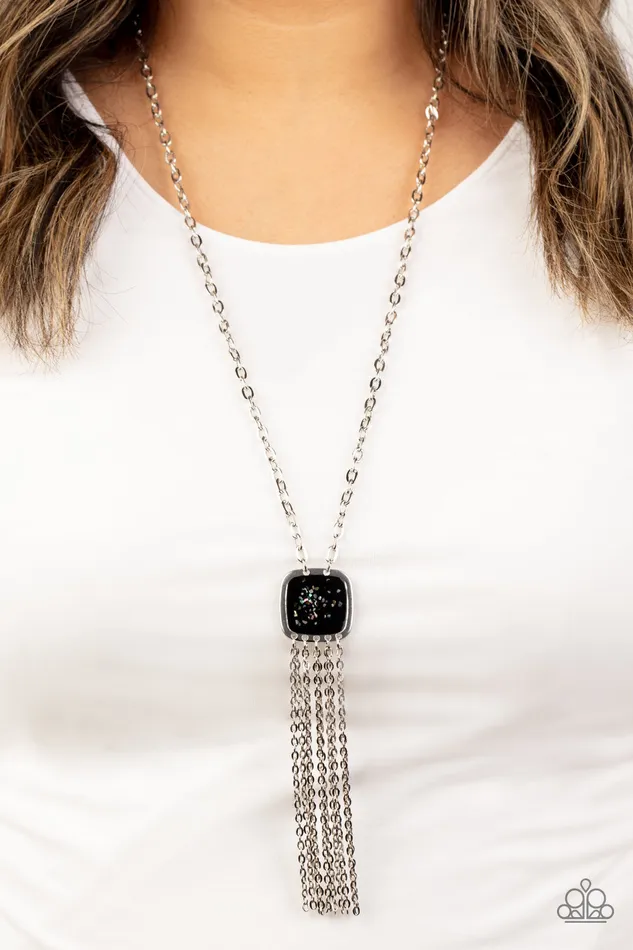 Paparazzi Accessories Necklaces Seaside Season Black Iridescent Fleck Silver Tassel Necklace Paparazzi