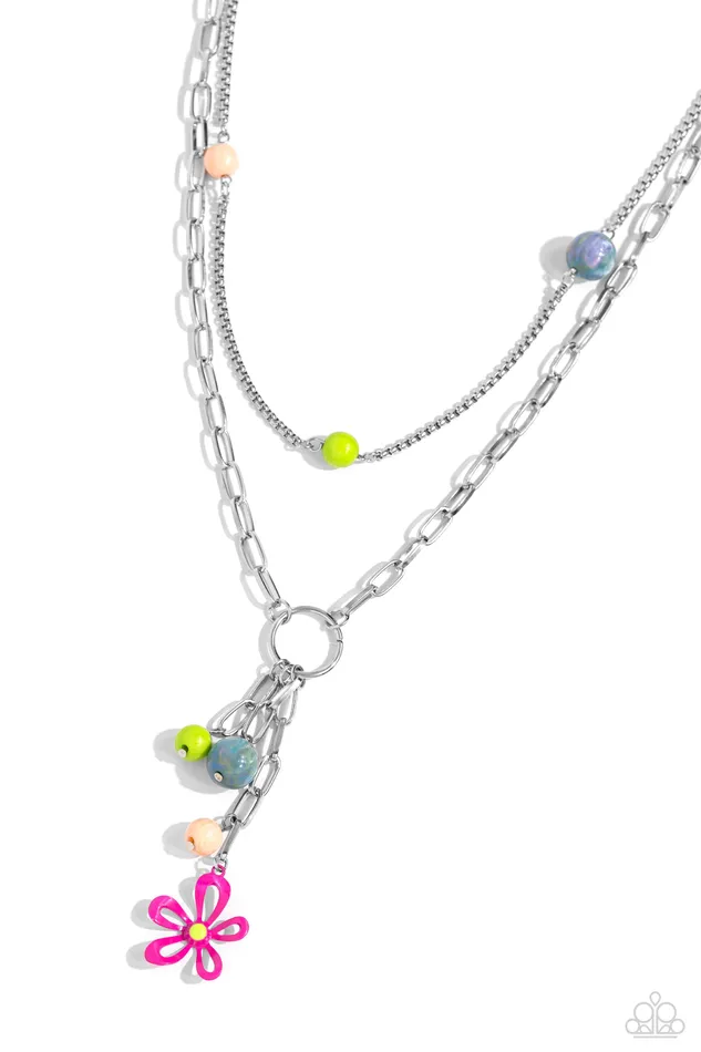 Paparazzi Accessories Necklaces Seize the Swirls Pink Flower Green and Blue Bead Silver Layered Short Necklace Paparazzi Paparazzi Accessories Necklaces Seize the Swirls Pink Flower Green and Blue Bead Silver Layered Short Necklace Paparazzi