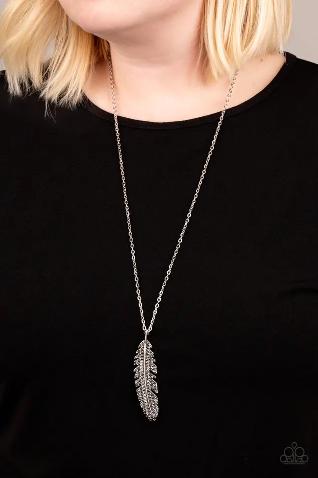 Paparazzi Accessories Necklaces Soaring High Silver Feather Hematite Rhinestone Pendant Necklace Paparazzi
