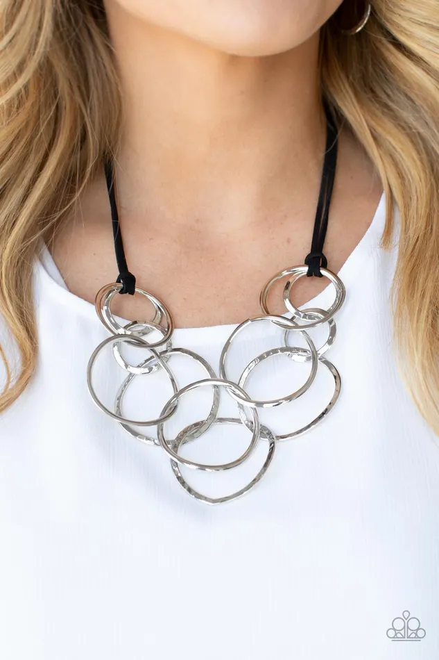 Paparazzi Accessories Necklaces Spiraling Out of COUTURE Silver Circle Black Cord Necklace Paparazzi