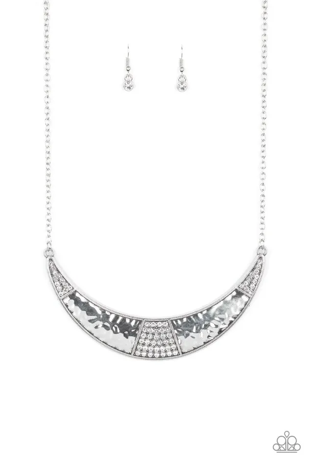 Paparazzi Accessories Necklaces Stardust Paparazzi White Silver Hammered Rhinestone HalfMoon Plate Necklace Paparazzi Accessories Necklaces Stardust Paparazzi White Silver Hammered Rhinestone HalfMoon Plate Necklace