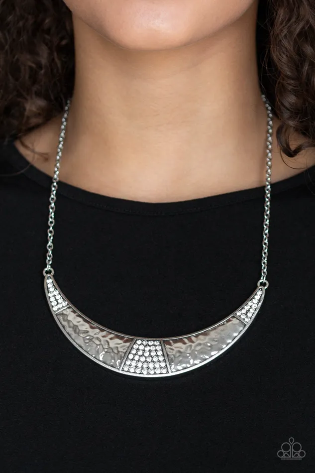 Paparazzi Accessories Necklaces Stardust Paparazzi White Silver Hammered Rhinestone HalfMoon Plate Necklace Paparazzi Accessories Necklaces Stardust Paparazzi White Silver Hammered Rhinestone HalfMoon Plate Necklace