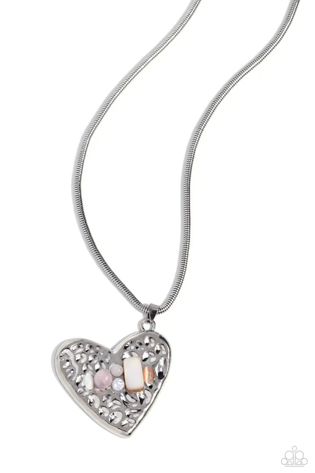 Paparazzi Accessories Necklaces Tilted Trailblazer Pink and White Stone Silver Heart Short Necklace Paparazzi