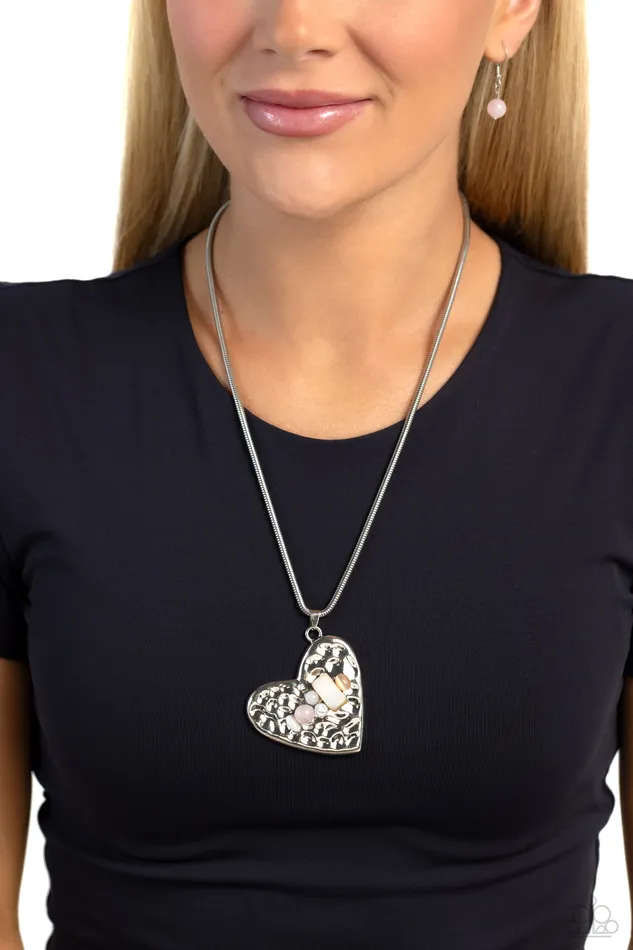 Paparazzi Accessories Necklaces Tilted Trailblazer Pink and White Stone Silver Heart Short Necklace Paparazzi