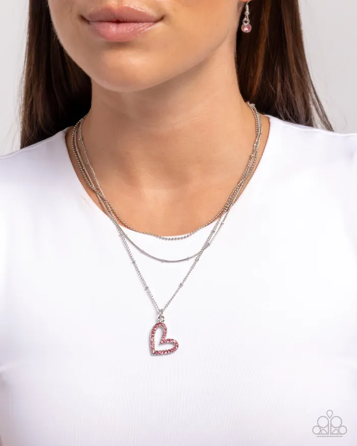 Paparazzi Accessories Necklaces Valentines Day Decadence Pink Rhinestone Heart Silver Layered Short Necklace Paparazzi