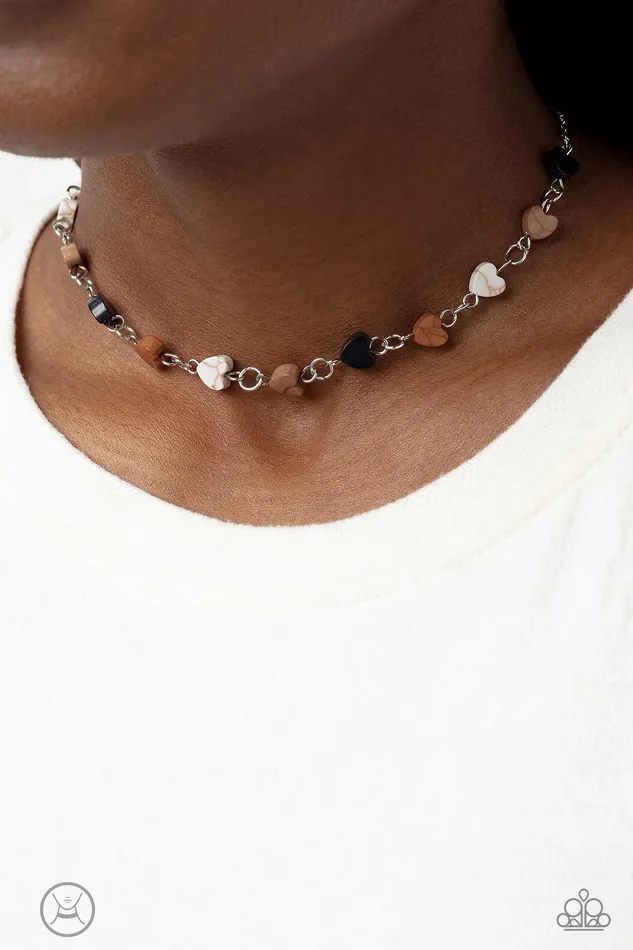 Paparazzi Accessories Necklaces Wild at Heart Black and Brown Stone Heart Silver Choker Necklace Paparazzi