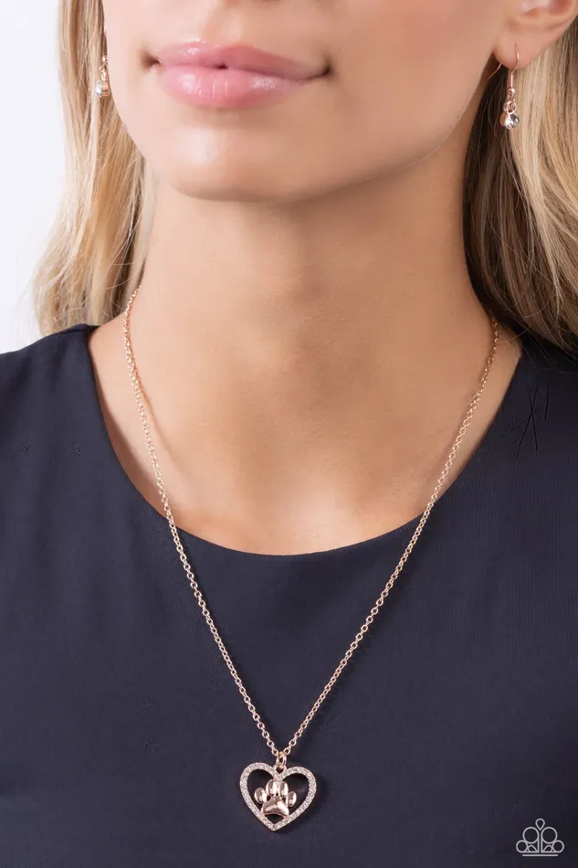 Paparazzi Accessories PET in Motion Rose Gold Dog Cat Paw Heart Rose Gold Short Necklace Paparazzi Necklaces