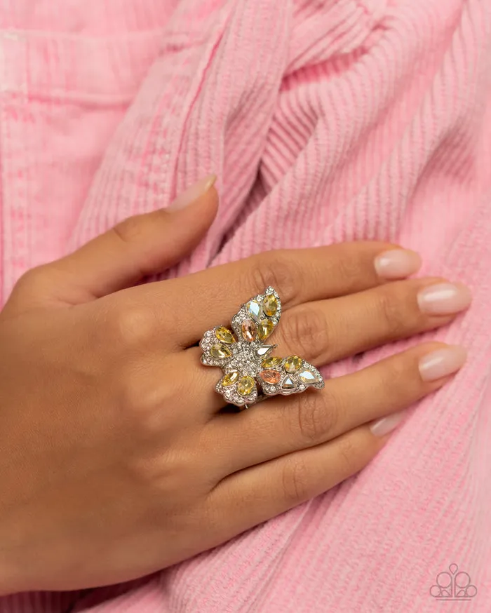 Paparazzi Accessories Rings Aerial Admittance Yellow Iridescent Gem Silver Butterfly Ring Paparazzi