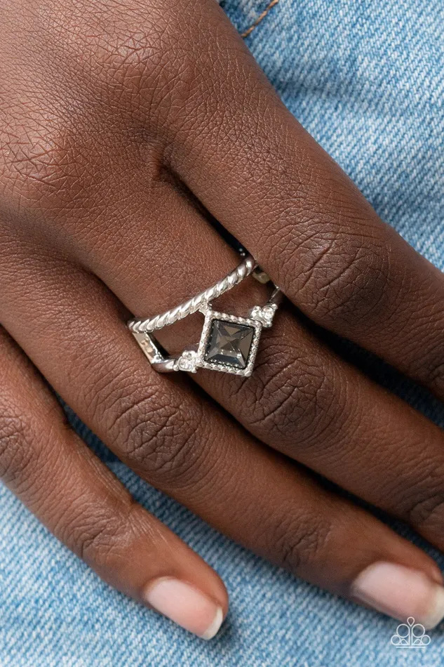 Paparazzi Accessories Rings Angling for Attention Silver Smoky Square Gem Ring Paparazzi