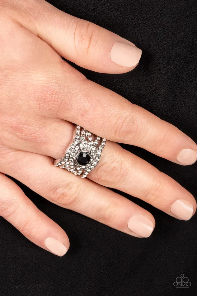 Paparazzi Accessories Rings Doting on Dazzle Black Gem White Rhinestone Silver Ring Paparazzi