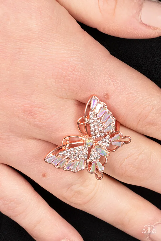 Paparazzi Accessories Rings Fearless Flutter Copper Iridescent Rhinestone Butterfly Ring Paparazzi