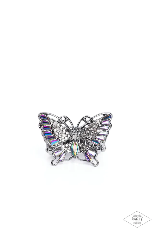 Paparazzi Accessories Rings Fearless Flutter Multi Oil Spill and Hematite Rhinestone Gunmetal Butterfly Ring Paparazzi Paparazzi Accessories Rings Fearless Flutter Multi Oil Spill and Hematite Rhinestone Gunmetal Butterfly Ring Paparazzi