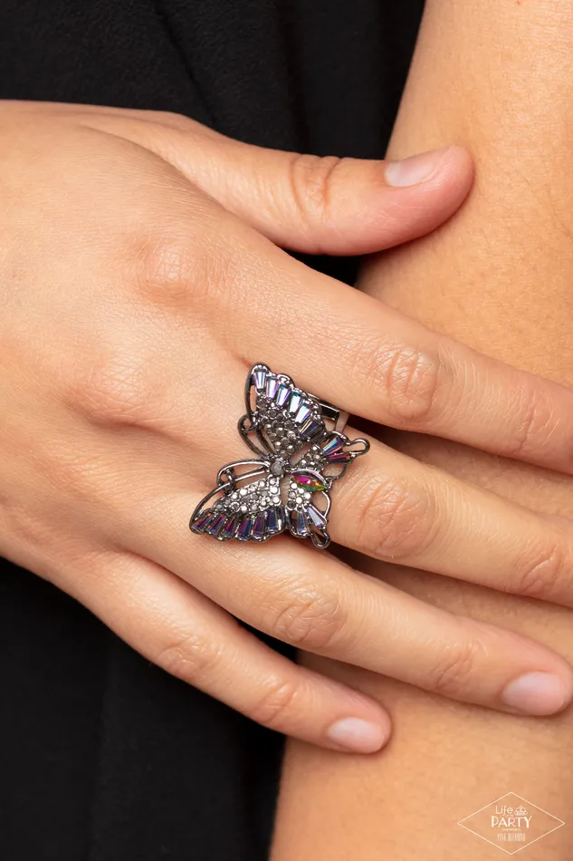 Paparazzi Accessories Rings Fearless Flutter Multi Oil Spill and Hematite Rhinestone Gunmetal Butterfly Ring Paparazzi