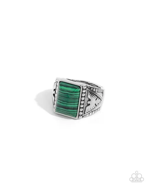 Paparazzi Accessories Rings FreeSpirited Finesse Green Stone Silver Mens Ring Paparazzi