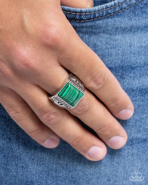 Paparazzi Accessories Rings FreeSpirited Finesse Green Stone Silver Mens Ring Paparazzi