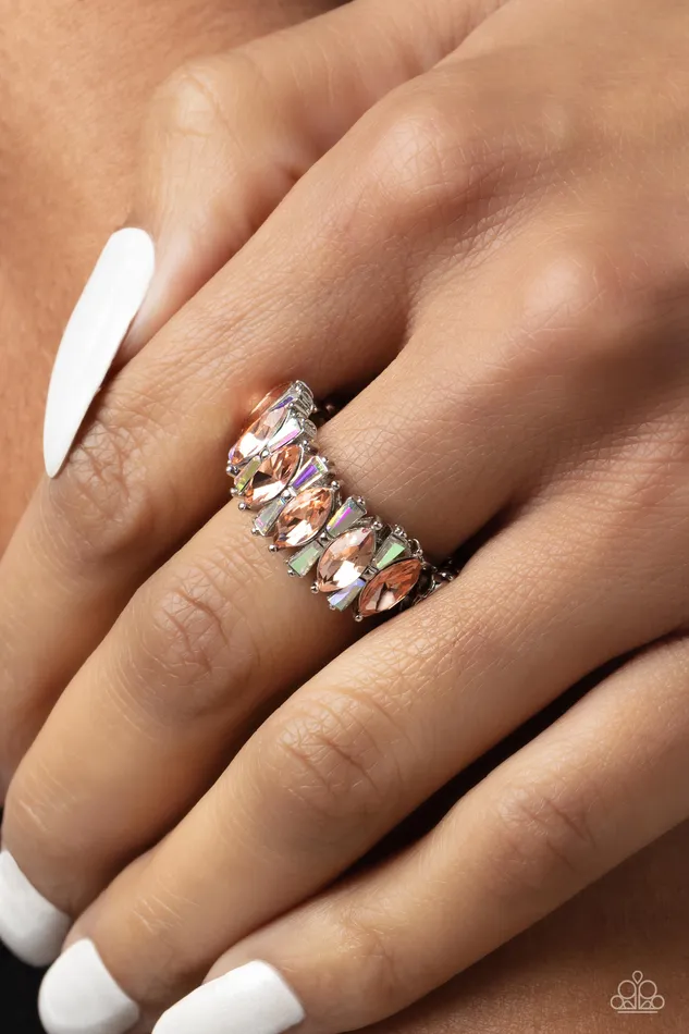 Paparazzi Accessories Rings Kaleidoscopic Knockout Orange Iridescent Rhinestone Silver Ring Paparazzi