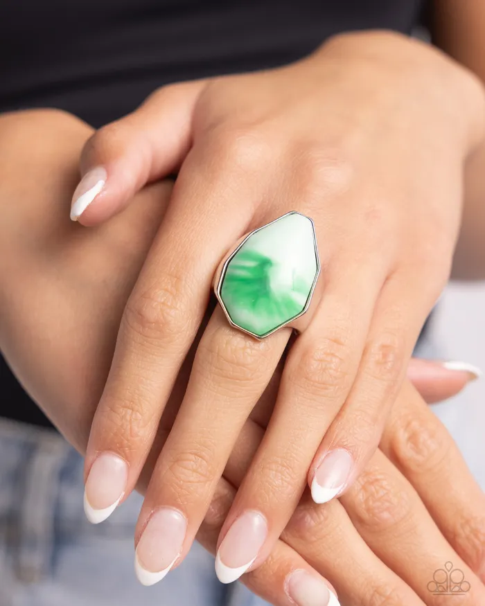 Paparazzi Accessories Rings Never Say TIE DYE Green and White Bead Silver Geometric Ring Paparazzi