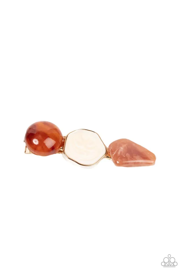 Paparazzi Accessories Rings Quarry Couture Brown and White Stone Gold Hair Clip Paparazzi