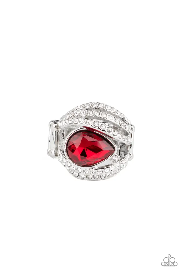 Paparazzi Accessories Rings Stepping Up The Glam Red Teardrop Rhinestone Smoky Silver Ring Paparazzi