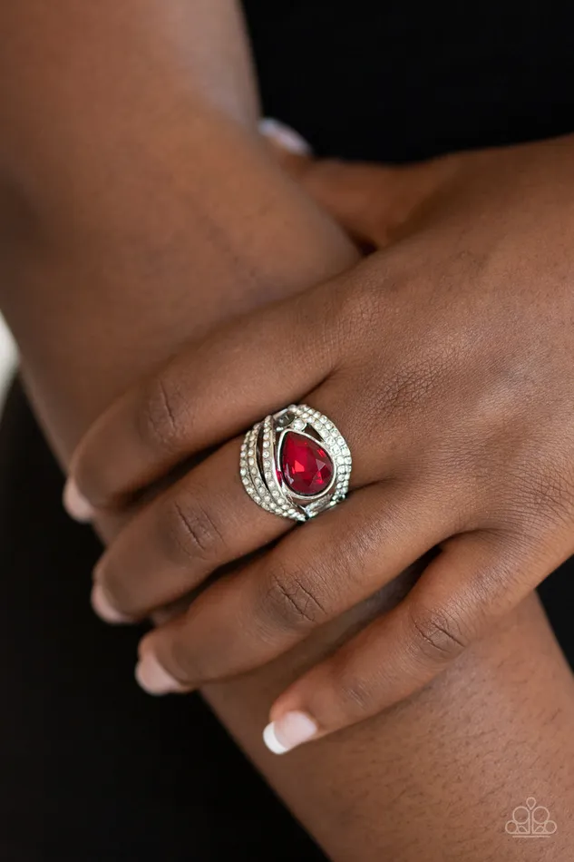 Paparazzi Accessories Rings Stepping Up The Glam Red Teardrop Rhinestone Smoky Silver Ring Paparazzi