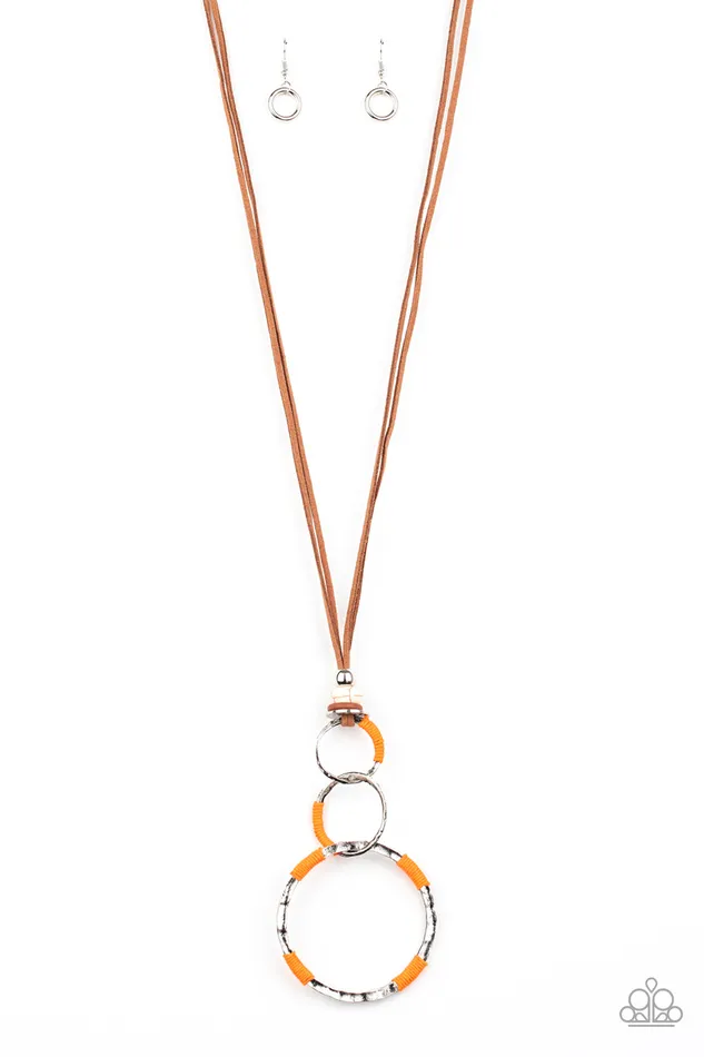 Paparazzi Accessories Rural Renovation Orange Thread Wrapped Hammered Silver Circle Brown Suede Pendant Necklace Paparazzi Necklaces Paparazzi Accessories Rural Renovation Orange Thread Wrapped Hammered Silver Circle Brown Suede Pendant Necklace Paparazzi Necklaces