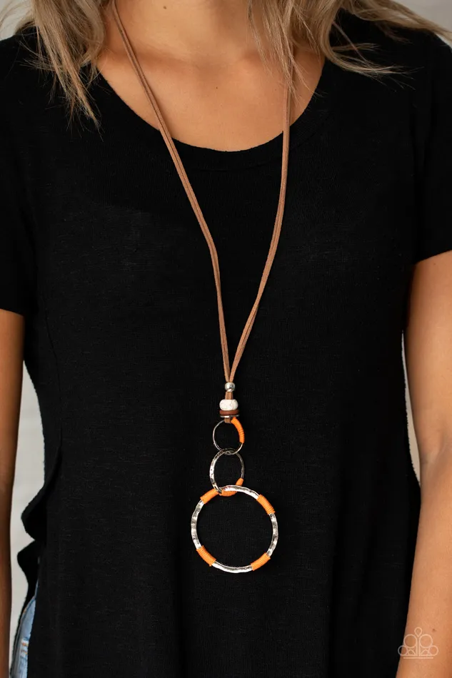 Paparazzi Accessories Rural Renovation Orange Thread Wrapped Hammered Silver Circle Brown Suede Pendant Necklace Paparazzi Necklaces