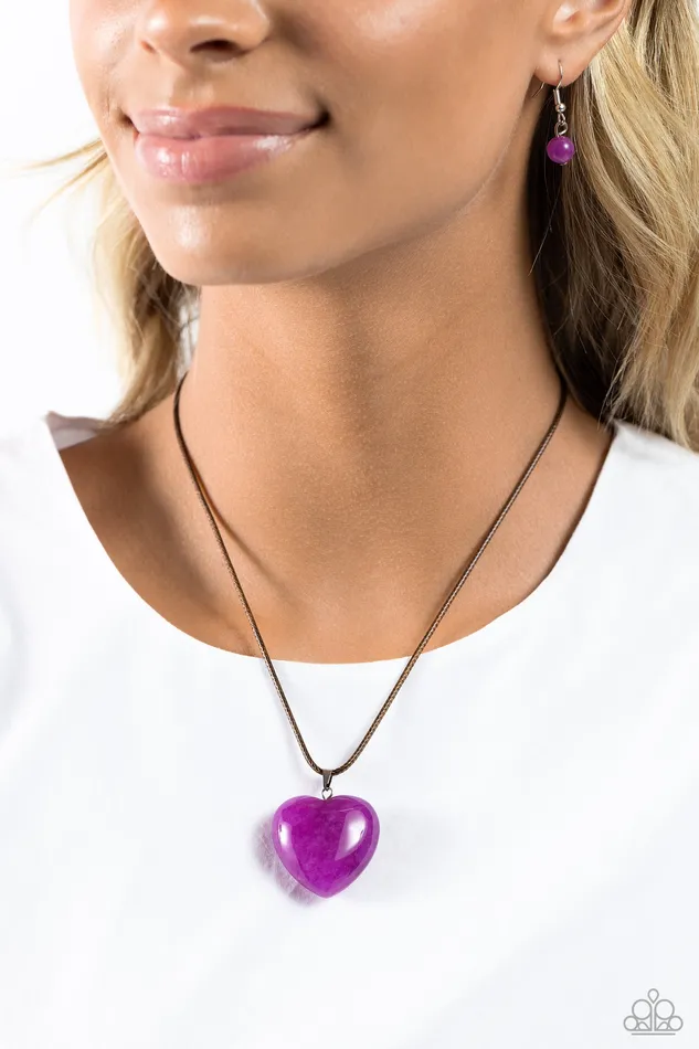 Paparazzi Accessories Serene Sweetheart Purple Heart Brown Cord Short Necklace Paparazzi Necklaces