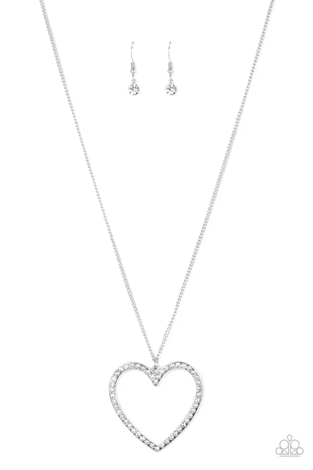 Paparazzi Accessories VaVaVALENTINE White Rhinestone Silver Heart Necklace Paparazzi Necklaces