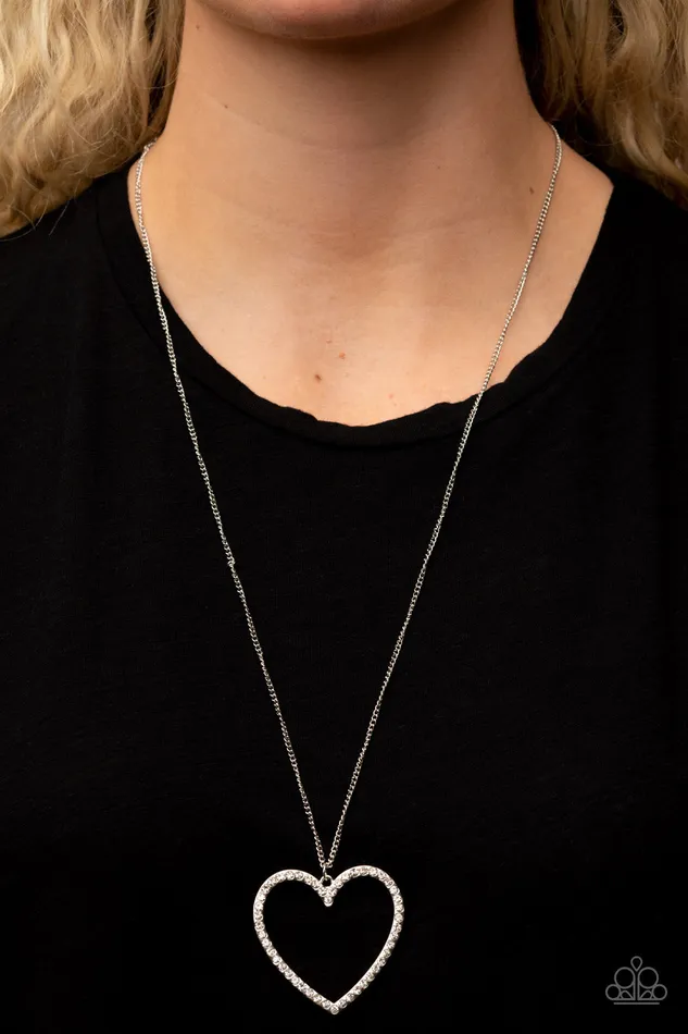 Paparazzi Accessories VaVaVALENTINE White Rhinestone Silver Heart Necklace Paparazzi Necklaces