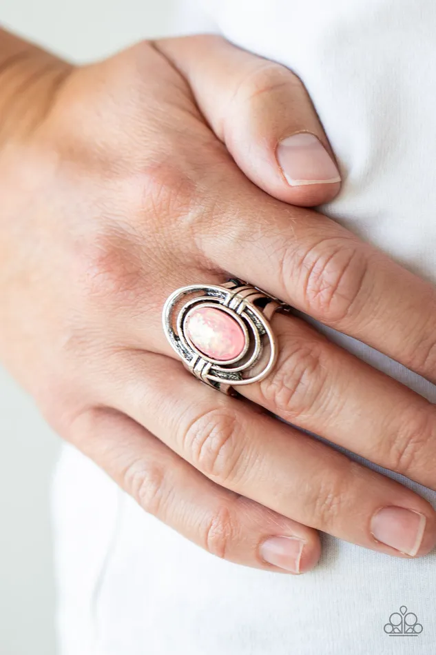 Peacefully Pristine Pink Opalescent Oval Bead Silver Ring Paparazzi Paparazzi Accessories Rings