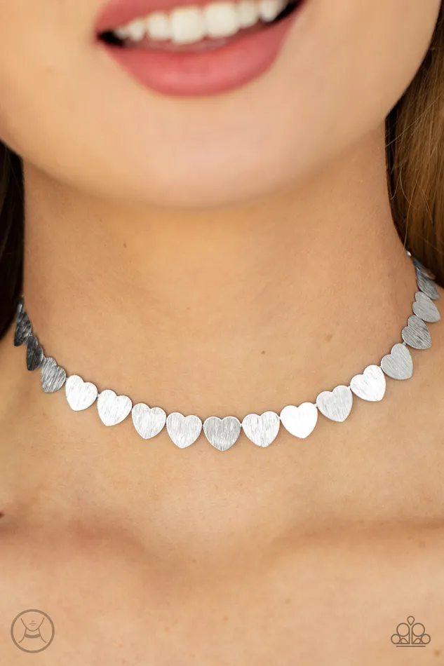 Playing HEART To Get Silver Heart Choker Necklace Paparazzi Paparazzi Accessories Necklaces