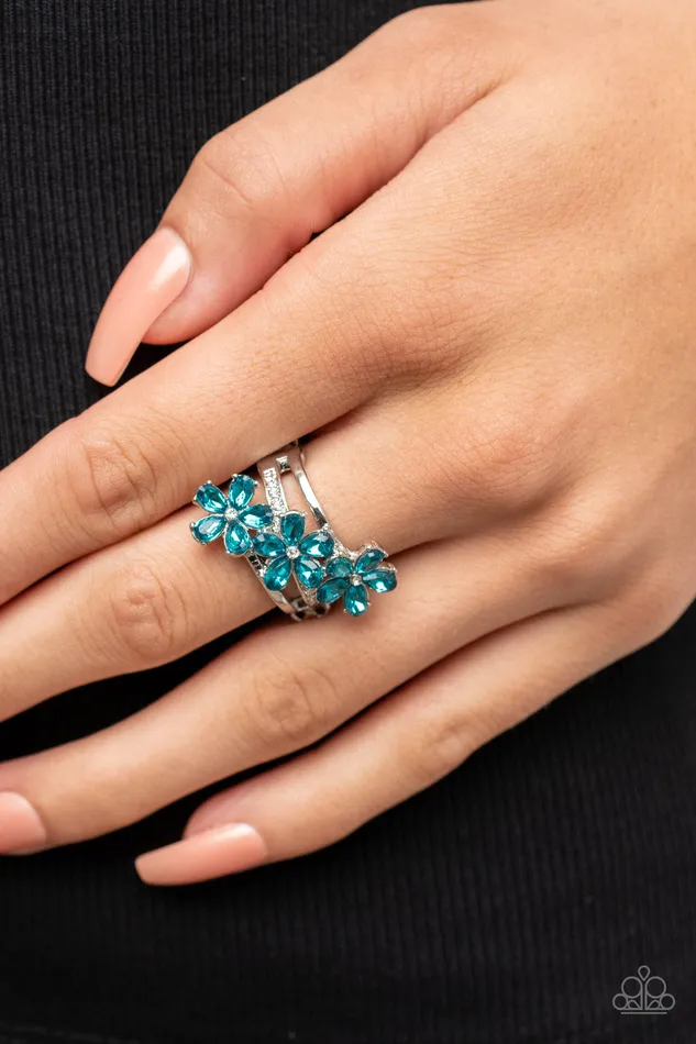 Posh Petals Blue Rhinestone Flower Silver Ring Paparazzi Paparazzi Accessories Rings
