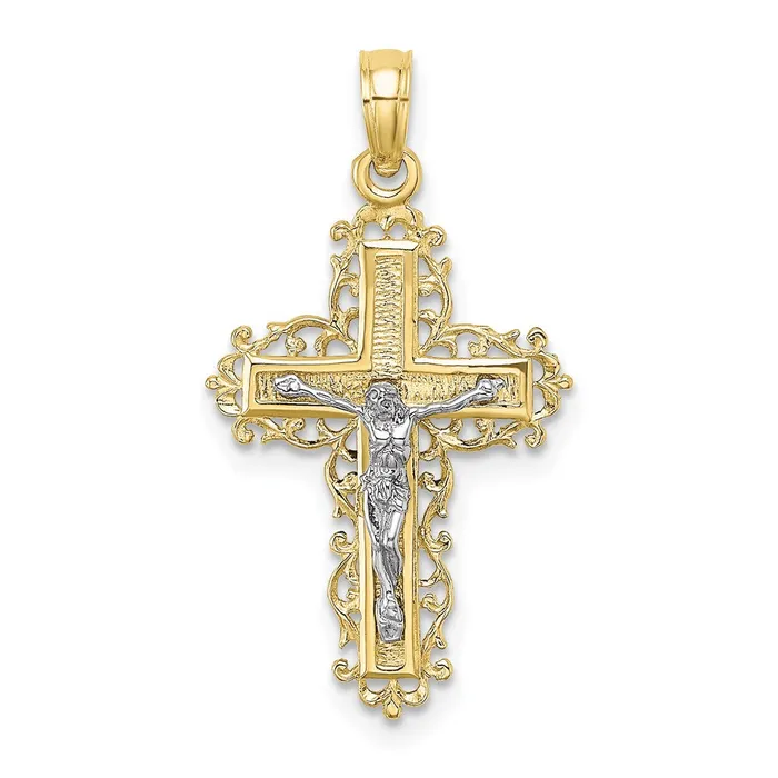Qgold 10k Twotone 15 mm Twotone Textured w Lace Trim Jesus Crucifix Charm 107 grams Rings Qgold 10k Twotone 15 mm Twotone Textured w Lace Trim Jesus Crucifix Charm 107 grams Rings