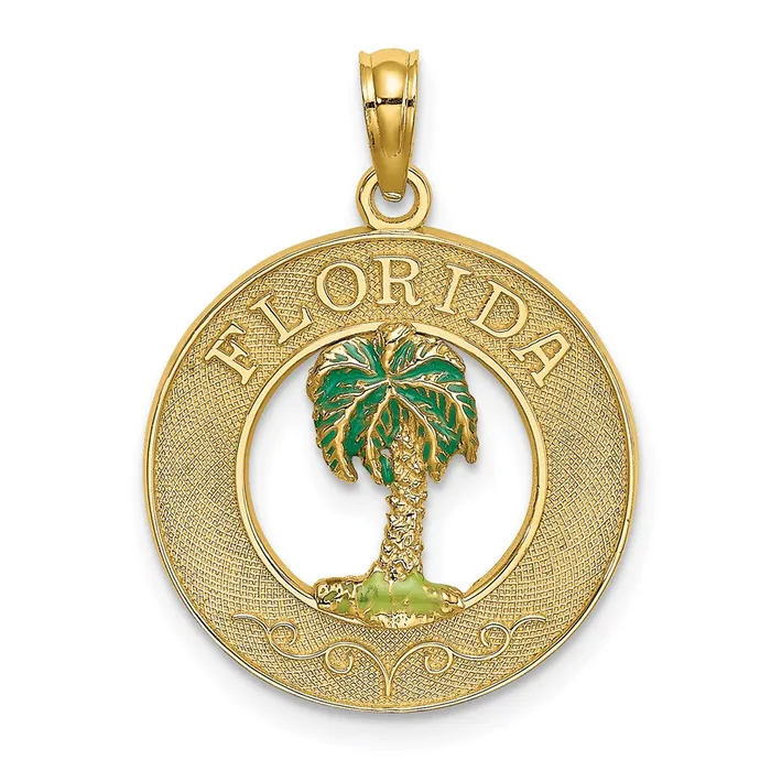 Qgold 14k Yellow Gold 191 mm FLORIDA Enamel Palm Tree Circle Charm 195 grams Charm Necklaces Qgold 14k Yellow Gold 191 mm FLORIDA Enamel Palm Tree Circle Charm 195 grams Charm Necklaces