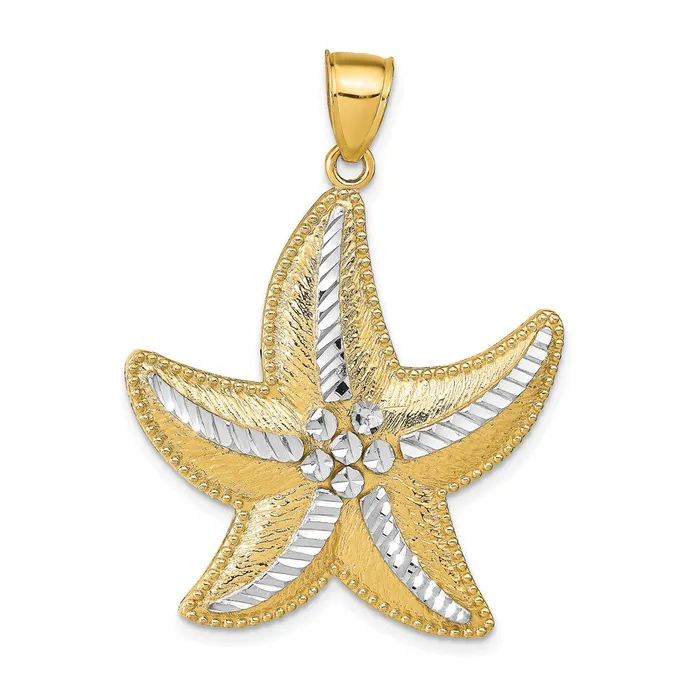 Qgold 14k Yellow Rhodium 32 mm DiamondCut Textured Starfish Pendant 441 grams Necklaces Qgold 14k Yellow Rhodium 32 mm DiamondCut Textured Starfish Pendant 441 grams Necklaces