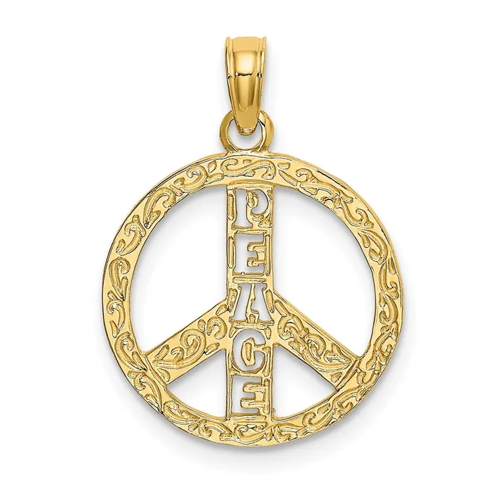 Qgold Charm Necklaces 10k Yellow Gold 16 mm Flat Textured Peace Sign Charm 084 grams Qgold Charm Necklaces 10k Yellow Gold 16 mm Flat Textured Peace Sign Charm 084 grams