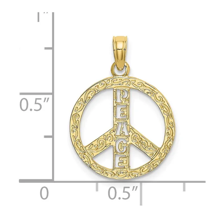 Qgold Charm Necklaces 10k Yellow Gold 16 mm Flat Textured Peace Sign Charm 084 grams Qgold Charm Necklaces 10k Yellow Gold 16 mm Flat Textured Peace Sign Charm 084 grams