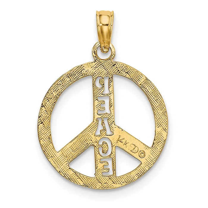 Qgold Charm Necklaces 10k Yellow Gold 16 mm Flat Textured Peace Sign Charm 084 grams Qgold Charm Necklaces 10k Yellow Gold 16 mm Flat Textured Peace Sign Charm 084 grams