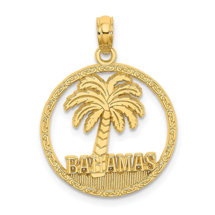 Qgold Charm Necklaces 14k Yellow Gold 192 mm BAHAMAS Palm Tree Round Charm 158 grams Qgold Charm Necklaces 14k Yellow Gold 192 mm BAHAMAS Palm Tree Round Charm 158 grams